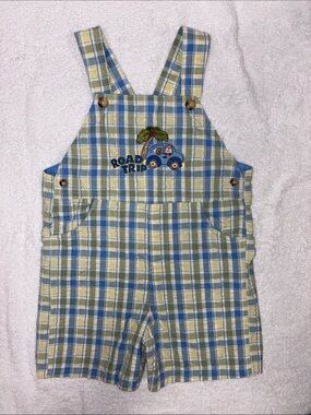 Good Lad Plaid Shortalls in Blue, Green & Yellow monkey car road trip 3t